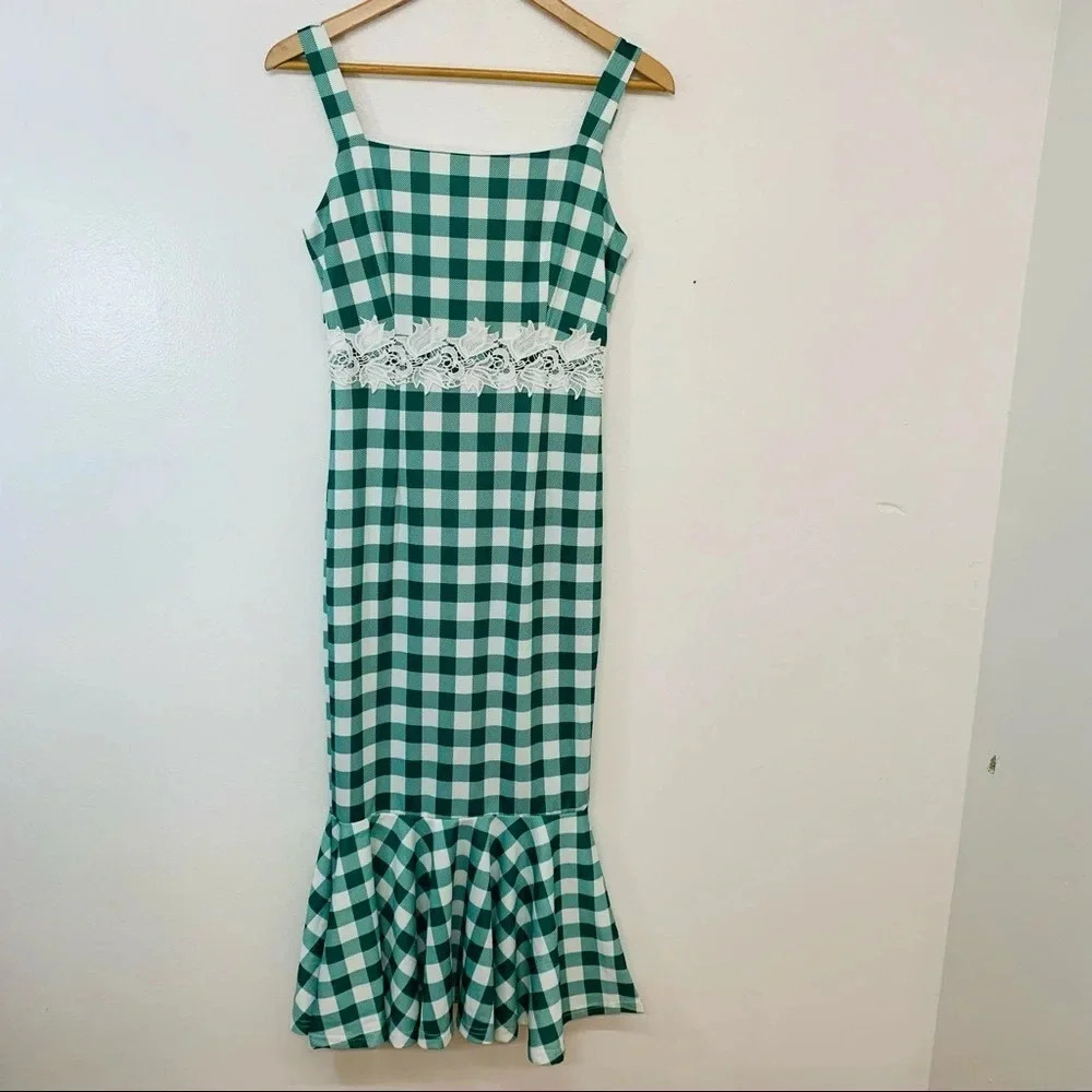 Shi Shi Fashion Womans Sleeveless Ruffle Midi Dress Green White Gingham Check S